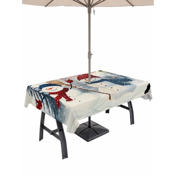 Outdoor Tablecloth with Umbrella Hole and Zipper, Christmas Snowman Rectangle Table Cloth 60x120 Inch Waterproof Tablecloth, Winter Holiday Xmas Tree Snowflakes Picnic Table Cover for Patio Camping