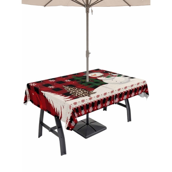 Outdoor Tablecloth with Umbrella Hole and Zipper, Christmas Snowman Rectangle Table Cloth 60x120 Inch Waterproof Tablecloth, Winter Snowflakes Xmas Trees Red Plaid Picnic Table Cover for Patio