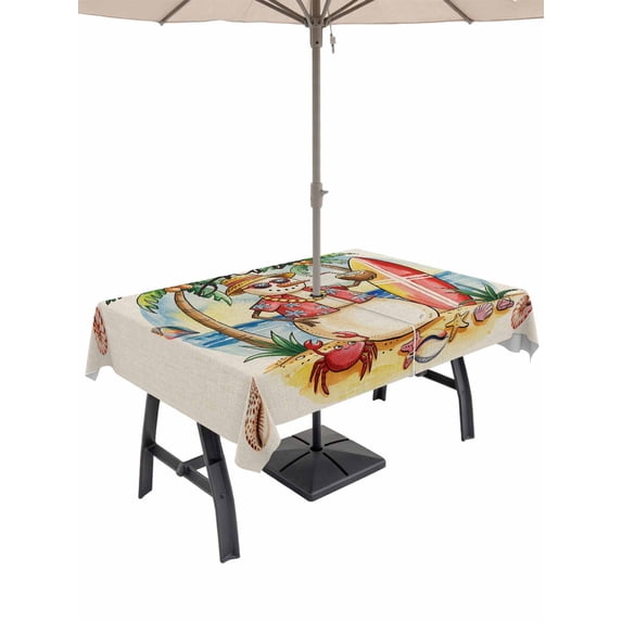 Outdoor Tablecloth with Umbrella Hole and Zipper, Christmas Snowman Rectangle Table Cloth 60x84 Inch Waterproof Tablecloth, Winter Coastal Beach Palm Tree on Linen Picnic Table Cover for Patio