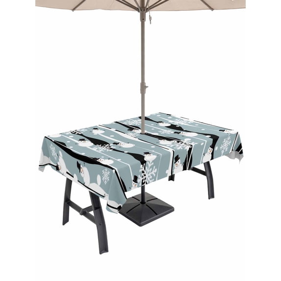 Outdoor Tablecloth with Umbrella Hole and Zipper, Christmas Snowman Rectangle Table Cloth 60x84 Inch Waterproof Tablecloth, Xmas Snowflakes Winter Stripe Blue Picnic Table Cover for Patio Camping