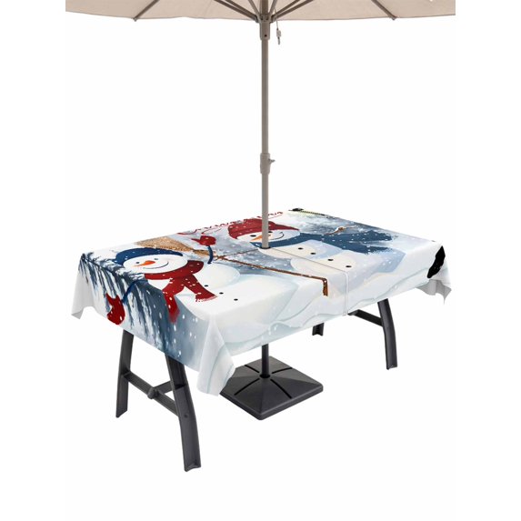 Outdoor Tablecloth with Umbrella Hole and Zipper, Christmas Snowman Rectangle Table Cloth 60x84 Inch Waterproof Tablecloth, Xmas Tree Winter Snowflakes Holiday Picnic Table Cover for Patio Camping