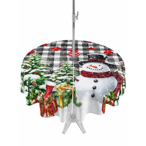 Outdoor Tablecloth with Umbrella Hole and Zipper, Christmas Snowman Round Table Cloth 54 Inch Waterproof Tablecloth, Xmas Balls Stocking Tree Gifts Black Plaid Picnic Table Cover for Patio Camping