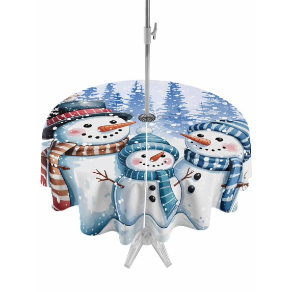 Outdoor Tablecloth with Umbrella Hole and Zipper, Christmas Snowman Round Table Cloth 60 Inch Waterproof Tablecloth, Xmas Winter Snowflakes Tree Forest Blue Picnic Table Cover for Patio Camping