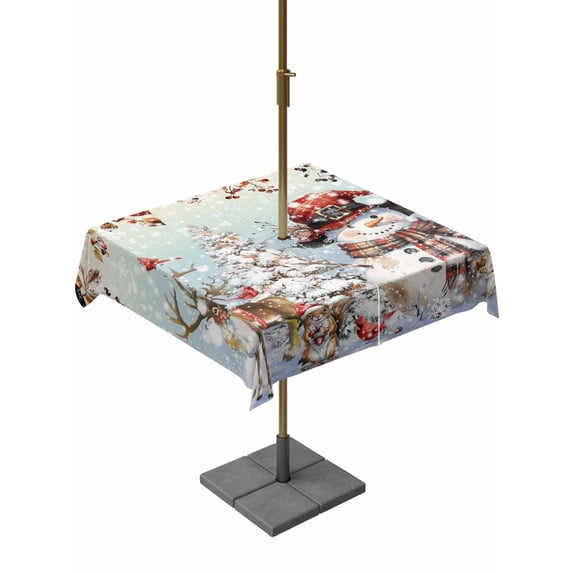 Outdoor Tablecloth with Umbrella Hole and Zipper, Christmas Snowman Square Table Cloth 54x54 Inch Waterproof Tablecloth, Xmas Tree Snowflake Eucalyptus Picnic Table Cover for Patio Camping