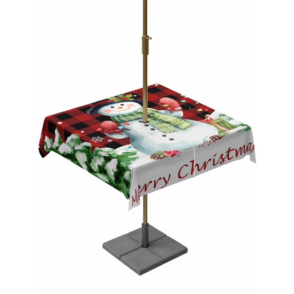 Outdoor Tablecloth with Umbrella Hole and Zipper, Christmas Snowman Square Table Cloth 60x60 Inch Waterproof Tablecloth, Red Black Check Xmas Tree Snowflake Picnic Table Cover for Patio Camping
