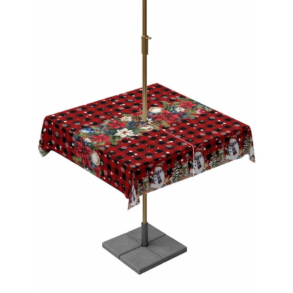 Outdoor Tablecloth with Umbrella Hole and Zipper, Christmas Snowman Square Table Cloth 60x60 Inch Waterproof Tablecloth, Red Buffalo Plaid Poinsettia Winter Snowflake Picnic Table Cover for Patio