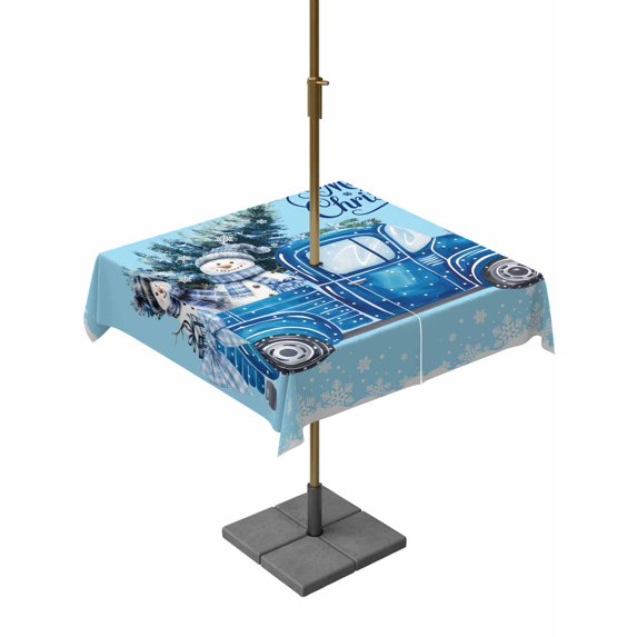 Outdoor Tablecloth with Umbrella Hole and Zipper, Christmas Snowman Square Table Cloth 60x60 Inch Waterproof Tablecloth, Winter Blue Truck Xmas Tree Snowflake Picnic Table Cover for Patio Camping