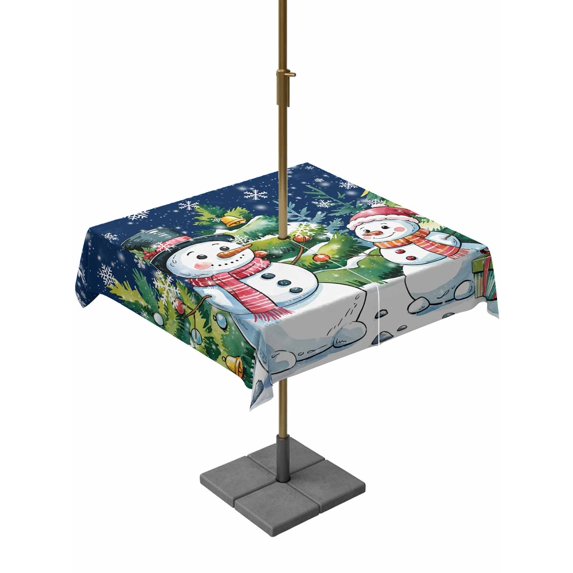 Outdoor Tablecloth with Umbrella Hole and Zipper, Christmas Snowman Square Table Cloth 60x60 Inch Waterproof Tablecloth, Winter Snowflakes Xmas Trees Navy Blue Picnic Table Cover for Patio Camping
