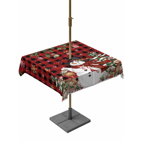 Outdoor Tablecloth with Umbrella Hole and Zipper, Christmas Snowman Square Table Cloth 60x60 Inch Waterproof Tablecloth, Xmas Snowflake Elk Tree Balls Red Plaid Picnic Table Cover for Patio Camping