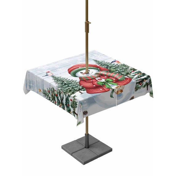 Outdoor Tablecloth with Umbrella Hole and Zipper, Christmas Snowman Square Table Cloth 60x60 Inch Waterproof Tablecloth, Xmas Tree Snowflake Blue Wooden Winter Picnic Table Cover for Patio Camping