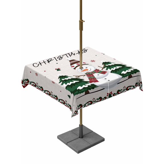 Outdoor Tablecloth with Umbrella Hole and Zipper, Christmas Snowman Square Table Cloth 60x60 Inch Waterproof Tablecloth, Xmas Tree Snowflake Burlap Winter Picnic Table Cover for Patio Camping