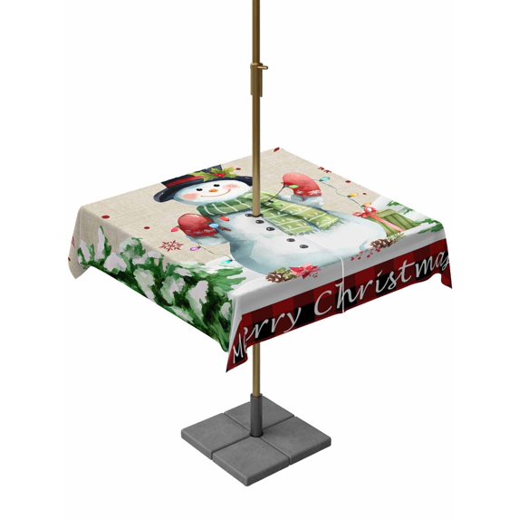 Outdoor Tablecloth with Umbrella Hole and Zipper, Christmas Snowman Square Table Cloth 60x60 Inch Waterproof Tablecloth, Xmas Tree Snowflake Rustic Winter Picnic Table Cover for Patio Camping
