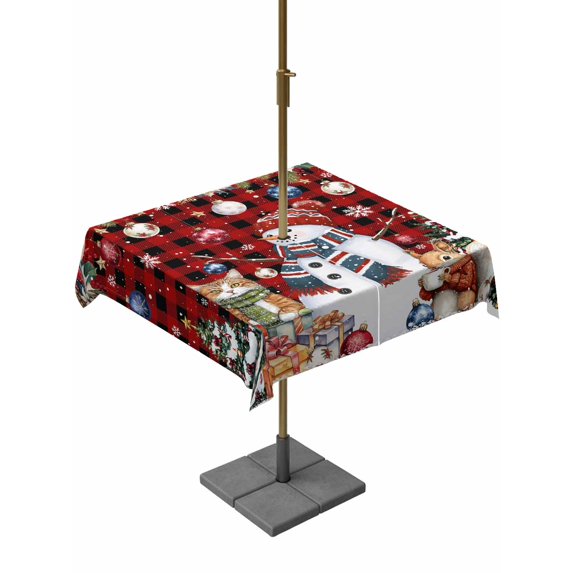 Outdoor Tablecloth with Umbrella Hole and Zipper, Christmas Square Table Cloth 54x54 Inch Waterproof Tablecloth, Snowman Poinsettia Pine Tree Red Black Plaid Picnic Table Cover for Patio Camping