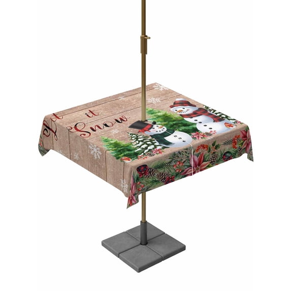 Outdoor Tablecloth with Umbrella Hole and Zipper, Christmas Square Table Cloth 54x54 Inch Waterproof Tablecloth, Snowman Snowflake Xmas Tree Winter Wooden Picnic Table Cover for Patio Camping