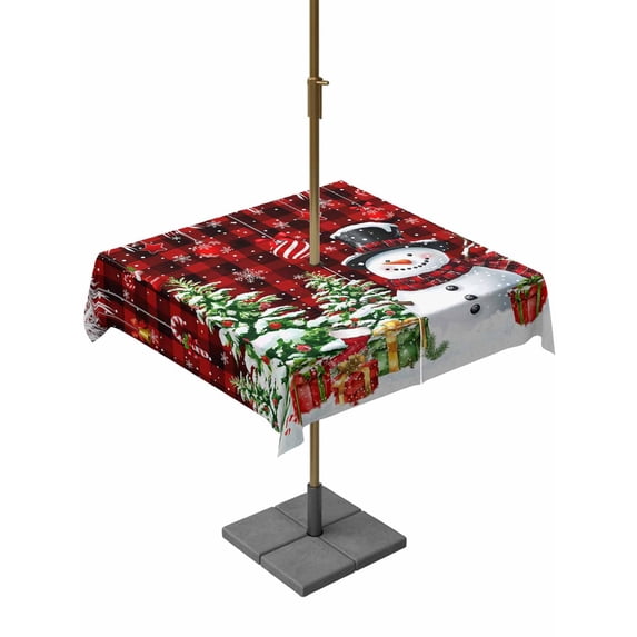 Outdoor Tablecloth with Umbrella Hole and Zipper, Christmas Square Table Cloth 54x54 Inch Waterproof Tablecloth, Winter Snowman Xmas Trees Balls Red Black Plaid Picnic Table Cover for Patio Camping