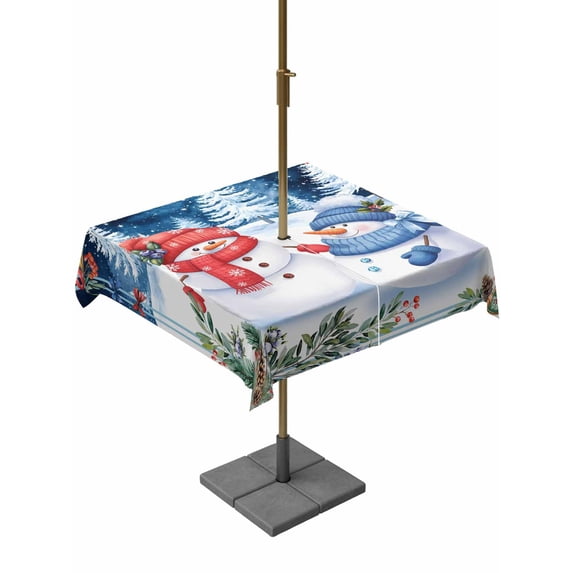 Outdoor Tablecloth with Umbrella Hole and Zipper, Christmas Square Table Cloth 54x54 Inch Waterproof Tablecloth, Xmas Snowman Tree Snowflake Pine Cones Picnic Table Cover for Patio Camping