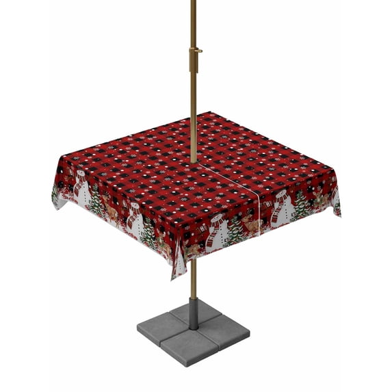 Outdoor Tablecloth with Umbrella Hole and Zipper, Christmas Square Table Cloth 60x60 Inch Waterproof Tablecloth, Buffalo Plaid Cute Snowman Xmas Tree Elk Snowflakes Picnic Table Cover for Patio