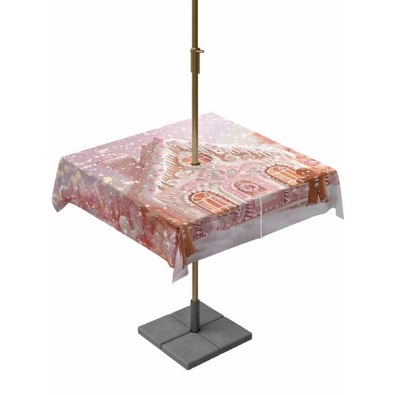 Outdoor Tablecloth with Umbrella Hole and Zipper, Christmas Square Table Cloth 60x60 Inch Waterproof Tablecloth, Pink Xmas Farmhouse Snowflake Tree Picnic Table Cover for Patio Camping