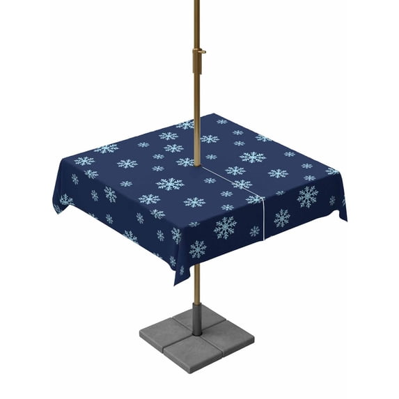 Outdoor Tablecloth with Umbrella Hole and Zipper, Christmas Square Table Cloth 60x60 Inch Waterproof Tablecloth, Snowflakes Xmas Blue Winter Minimalist Picnic Table Cover for Patio Camping