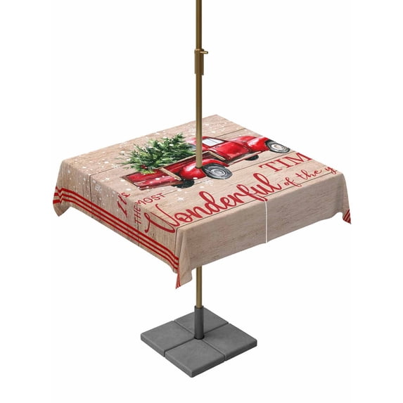 Outdoor Tablecloth with Umbrella Hole and Zipper, Christmas Square Table Cloth 60x60 Inch Waterproof Tablecloth, Xmas Truck Tree Snowflake Red Striped Vintage Picnic Table Cover for Patio Camping