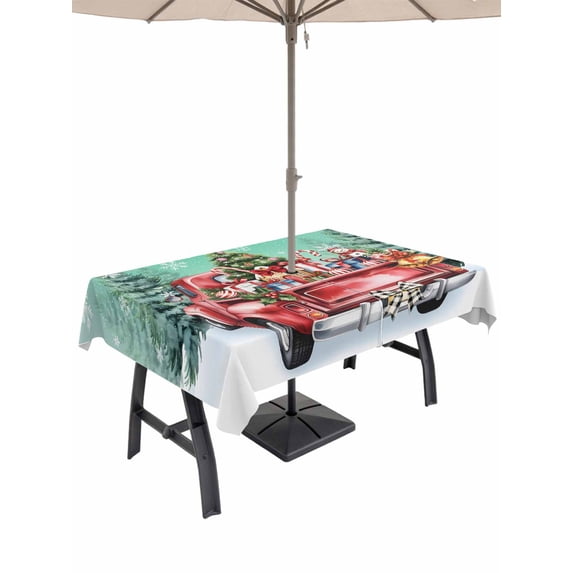 Outdoor Tablecloth with Umbrella Hole and Zipper, Christmas Teal Green Rectangle Table Cloth 52x70 Inch Waterproof Tablecloth, Winter Xmas Tree Red Truck Snowflakes Picnic Table Cover for Patio