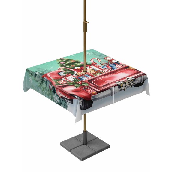 Outdoor Tablecloth with Umbrella Hole and Zipper, Christmas Teal Green Square Table Cloth 54x54 Inch Waterproof Tablecloth, Winter Xmas Tree Red Truck Snowflakes Picnic Table Cover for Patio Camping
