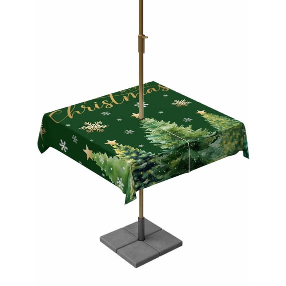 Outdoor Tablecloth with Umbrella Hole and Zipper, Christmas Tree Green Square Table Cloth 60x60 Inch Waterproof Tablecloth, Winter Snowflakes Xmas Pine Tree Picnic Table Cover for Patio Camping