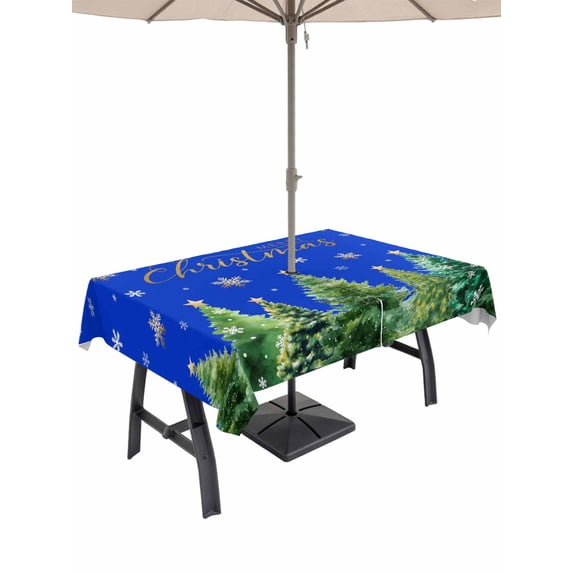 Outdoor Tablecloth with Umbrella Hole and Zipper, Christmas Tree Rectangle Table Cloth 52x70 Inch Waterproof Tablecloth, Winter Snowflakes Xmas Pine Tree Blue Picnic Table Cover for Patio Camping