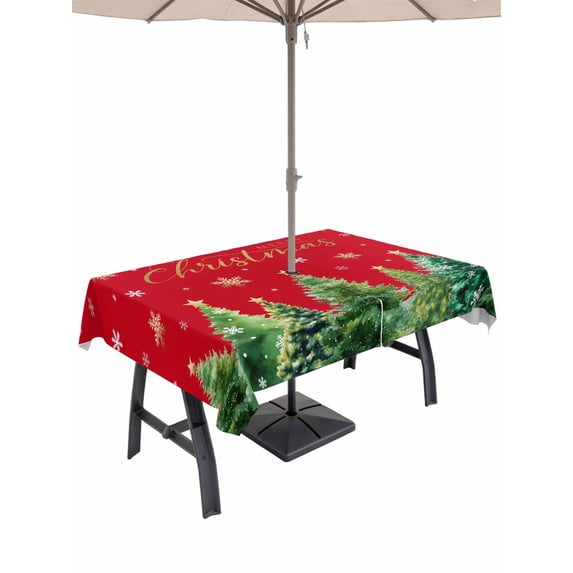 Outdoor Tablecloth with Umbrella Hole and Zipper, Christmas Tree Rectangle Table Cloth 52x70 Inch Waterproof Tablecloth, Winter Snowflakes Xmas Pine Tree Red Picnic Table Cover for Patio Camping
