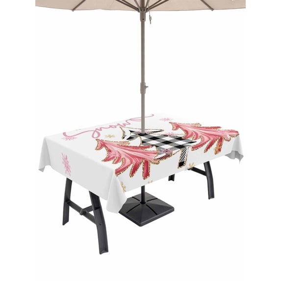 Outdoor Tablecloth with Umbrella Hole and Zipper, Christmas Tree Rectangle Table Cloth 52x70 Inch Waterproof Tablecloth, Winter Xmas Yellow Pink Snowflake Picnic Table Cover for Patio Camping