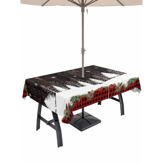 Outdoor Tablecloth with Umbrella Hole and Zipper, Christmas Tree Rectangle Table Cloth 52x70 Inch Waterproof Tablecloth, Xmas Pine Cones Forest Poinsettia Buffalo Plaid Picnic Table Cover for Patio