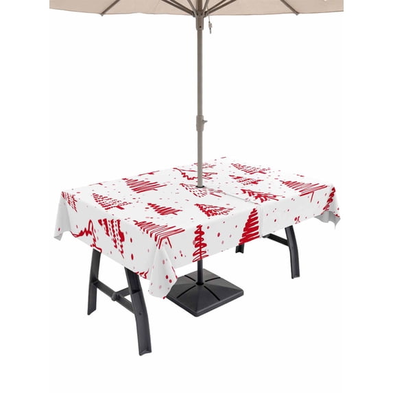 Outdoor Tablecloth with Umbrella Hole and Zipper, Christmas Tree Rectangle Table Cloth 52x70 Inch Waterproof Tablecloth, Xmas Red Cartoon Tree Snowflakes Country Picnic Table Cover for Patio Camping
