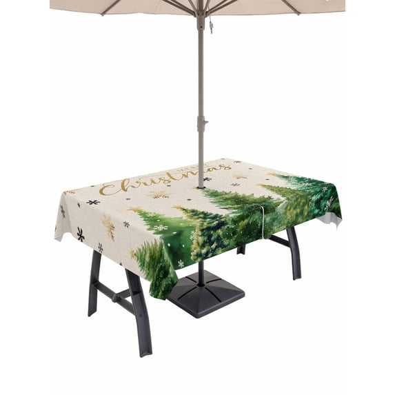Outdoor Tablecloth with Umbrella Hole and Zipper, Christmas Tree Rectangle Table Cloth 54x80 Inch Waterproof Tablecloth, Winter Snowflakes Xmas Pine Tree Beige Picnic Table Cover for Patio Camping