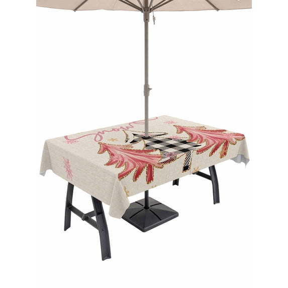Outdoor Tablecloth with Umbrella Hole and Zipper, Christmas Tree Rectangle Table Cloth 54x80 Inch Waterproof Tablecloth, Winter Xmas Yellow Pink Snowflake on Linen Picnic Table Cover for Patio