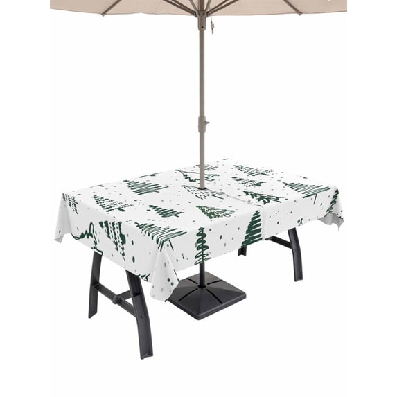 Outdoor Tablecloth with Umbrella Hole and Zipper, Christmas Tree Rectangle Table Cloth 54x80 Inch Waterproof Tablecloth, Xmas Green Cartoon Tree Snowflakes Farmhouse Picnic Table Cover for Patio