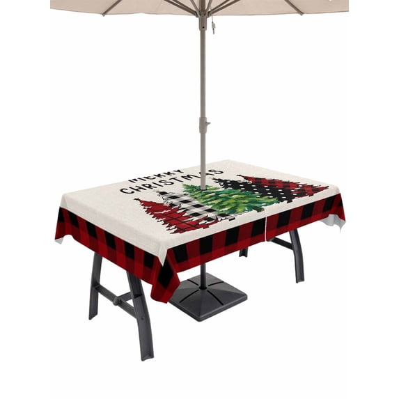 Outdoor Tablecloth with Umbrella Hole and Zipper, Christmas Tree Rectangle Table Cloth 60x120 Inch Waterproof Tablecloth, Green Xmas Tree Red Black Plaid Picnic Table Cover for Patio Camping