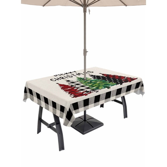 Outdoor Tablecloth with Umbrella Hole and Zipper, Christmas Tree Rectangle Table Cloth 60x120 Inch Waterproof Tablecloth, Red Green Xmas Tree Black Plaid Picnic Table Cover for Patio Camping