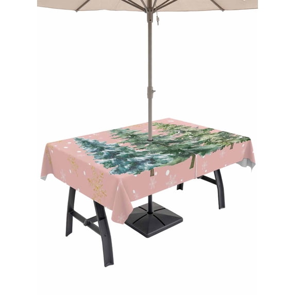 Outdoor Tablecloth with Umbrella Hole and Zipper, Christmas Tree Rectangle Table Cloth 60x120 Inch Waterproof Tablecloth, Winter Pine Xmas Watercolor Snowflake Pink Picnic Table Cover for Patio