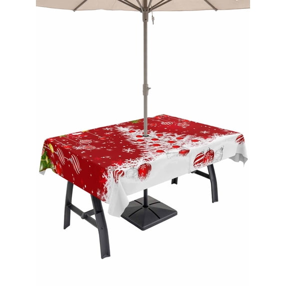 Outdoor Tablecloth with Umbrella Hole and Zipper, Christmas Tree Rectangle Table Cloth 60x120 Inch Waterproof Tablecloth, Xmas Red Balls Socks Pine Branch New Year Picnic Table Cover for Patio
