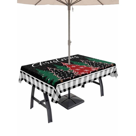 Outdoor Tablecloth with Umbrella Hole and Zipper, Christmas Tree Rectangle Table Cloth 60x84 Inch Waterproof Tablecloth, Black Buffalo Plaid Xmas Trees Picnic Table Cover for Patio Camping