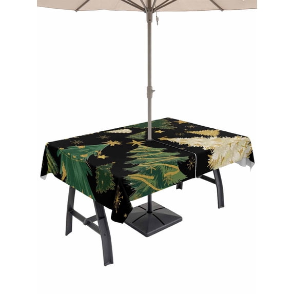 Outdoor Tablecloth with Umbrella Hole and Zipper, Christmas Tree Rectangle Table Cloth 60x84 Inch Waterproof Tablecloth, Black Green Xmas Tree Winter Picnic Table Cover for Patio Camping