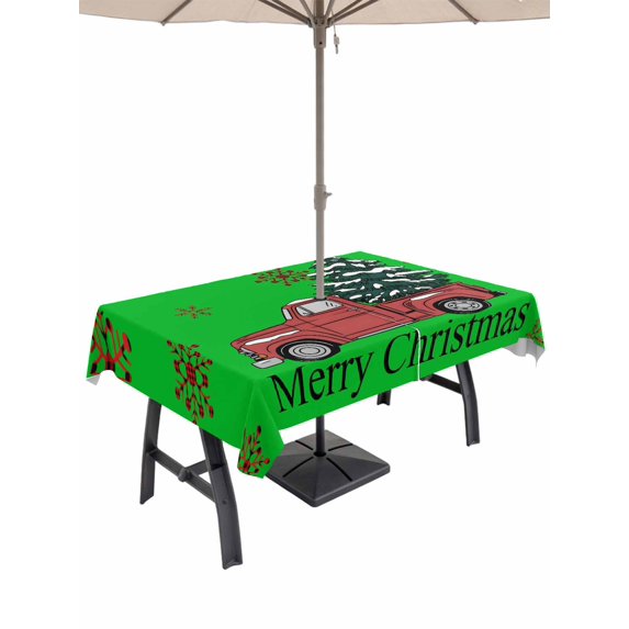 Outdoor Tablecloth with Umbrella Hole and Zipper, Christmas Tree Rectangle Table Cloth 60x84 Inch Waterproof Tablecloth, Red Truck Xmas Winter Snowflake Picnic Table Cover for Patio Camping
