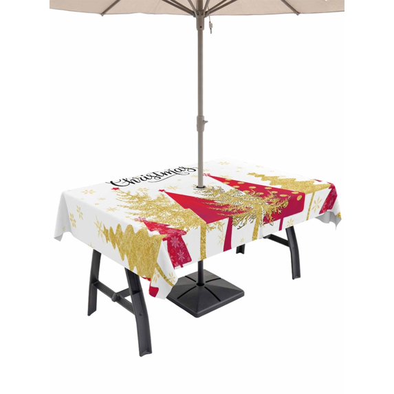 Outdoor Tablecloth with Umbrella Hole and Zipper, Christmas Tree Rectangle Table Cloth 60x84 Inch Waterproof Tablecloth, Red Xmas Tree Winter Snowflakes Abstract Picnic Table Cover for Patio Camping