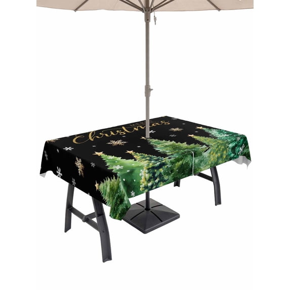 Outdoor Tablecloth with Umbrella Hole and Zipper, Christmas Tree Rectangle Table Cloth 60x84 Inch Waterproof Tablecloth, Winter Snowflakes Xmas Pine Tree Black Picnic Table Cover for Patio Camping