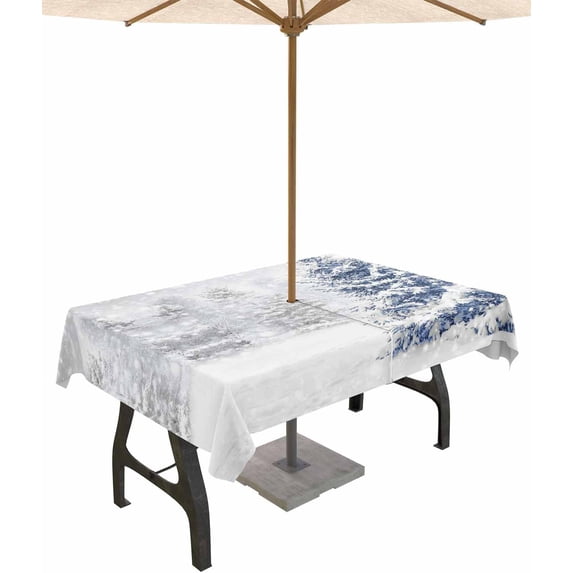 Outdoor Tablecloth with Umbrella Hole & Zipper, Christmas Tree Rectangle Tablecloth 60x102 Inch, Blue Tree Xmas Snowflake Winter Patio Table Cover Waterproof Table Cloth for Picnic/Party