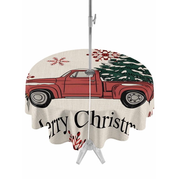 Outdoor Tablecloth with Umbrella Hole and Zipper, Christmas Tree Retro Round Table Cloth 60 Inch Waterproof Tablecloth, Red Truck Xmas Winter Snowflake Picnic Table Cover for Patio Camping