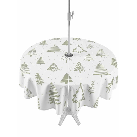 Outdoor Tablecloth with Umbrella Hole and Zipper, Christmas Tree Round Table Cloth 54 Inch Waterproof Tablecloth, Xmas Green Cartoon Tree Snowflakes Winter Holiday Picnic Table Cover for Patio