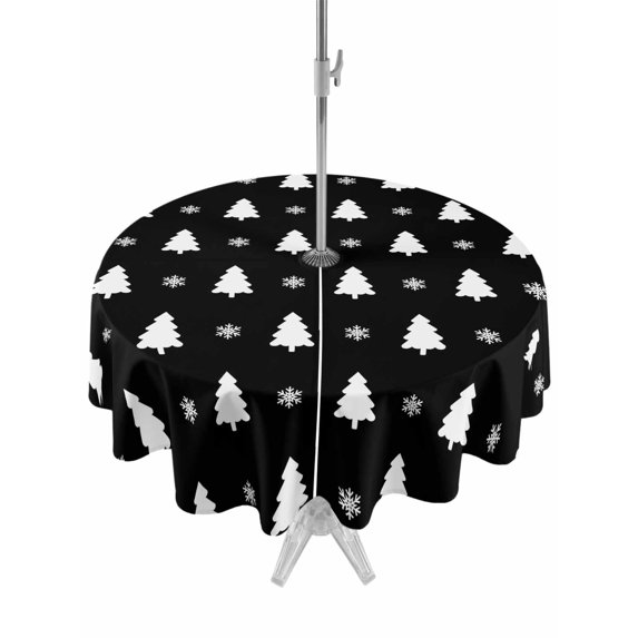 Outdoor Tablecloth with Umbrella Hole and Zipper, Christmas Tree Round Table Cloth 60 Inch Waterproof Tablecloth, Black White Winter Xmas Snowflakes Picnic Table Cover for Patio Camping