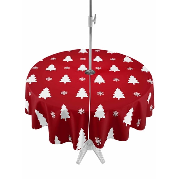 Outdoor Tablecloth with Umbrella Hole and Zipper, Christmas Tree Round Table Cloth 60 Inch Waterproof Tablecloth, Red Winter Xmas Snowflake Farmhouse Picnic Table Cover for Patio Camping