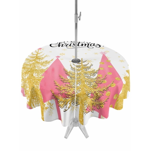 Outdoor Tablecloth with Umbrella Hole and Zipper, Christmas Tree Round Table Cloth 60 Inch Waterproof Tablecloth, Winter Snowflake Xmas Pink Pine Tree Picnic Table Cover for Patio Camping